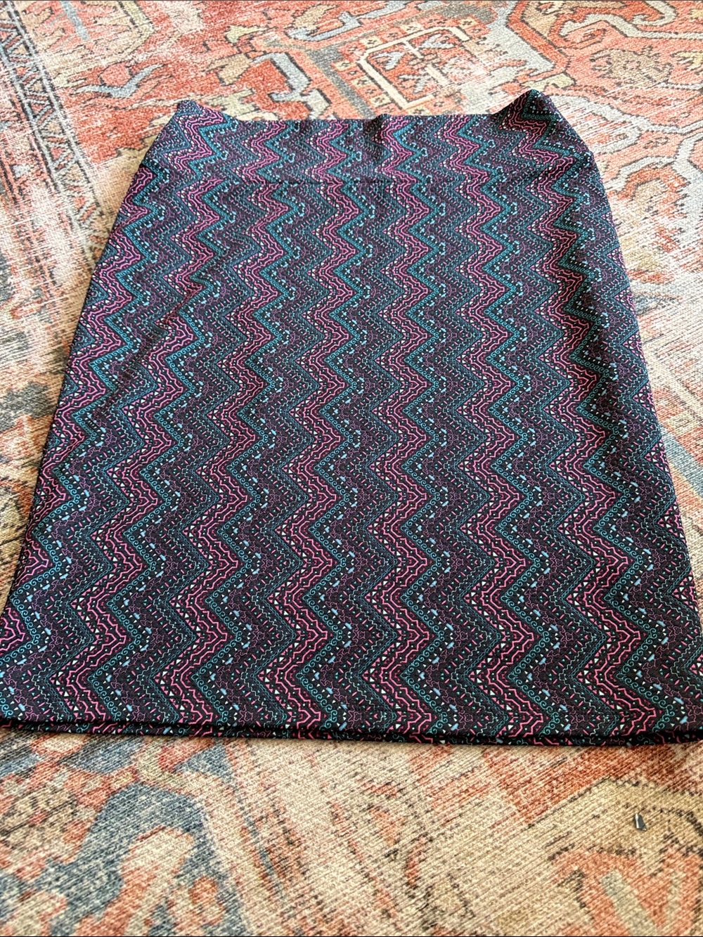 LuLaRoe Black Pencil Skirt with Pink & Teal Zigzag